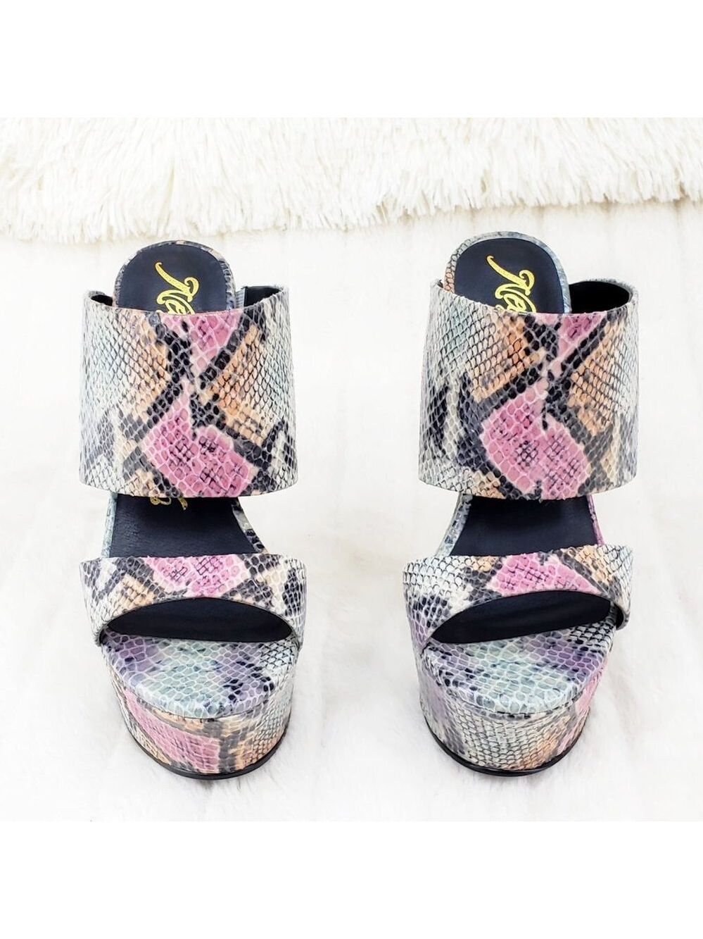 Wide Strap Slip On Multicolor Snake Print 6" Wedge Heel Shoe Platform Sandals - Picture 10 of 13